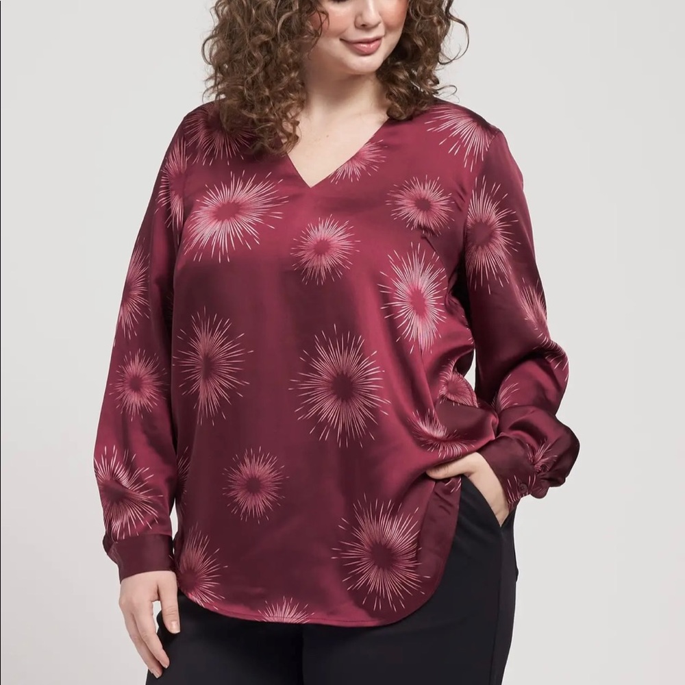 NWT Satin v-neck blouse with sunburst pattern